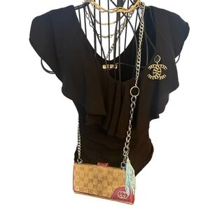 Gucci Brown Tan Canvas and Leather Wallet Crossbody Silver Chain Pink Interior